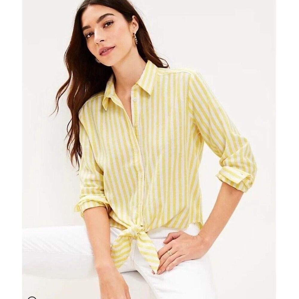 Loft‎ Womens XL Yellow Striped Linen Blend Tie Front Top Long Sleeve Shirt Neon